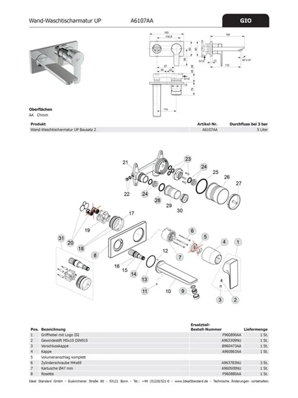 Wandarmatur von Ideal Standard mit zwei Öffnungen, inklusive alle notwendigen Komponenten und technische Details, dargestellt in einer technischen Illustrationsansicht.